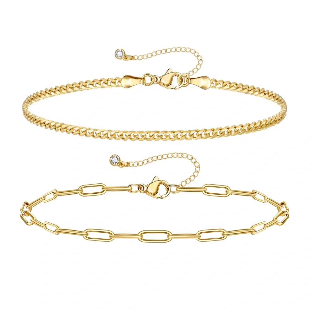 Dainty 14k Gold Plated Layering Anklets Bracelets Set-Paperclip & 3mm Cuban