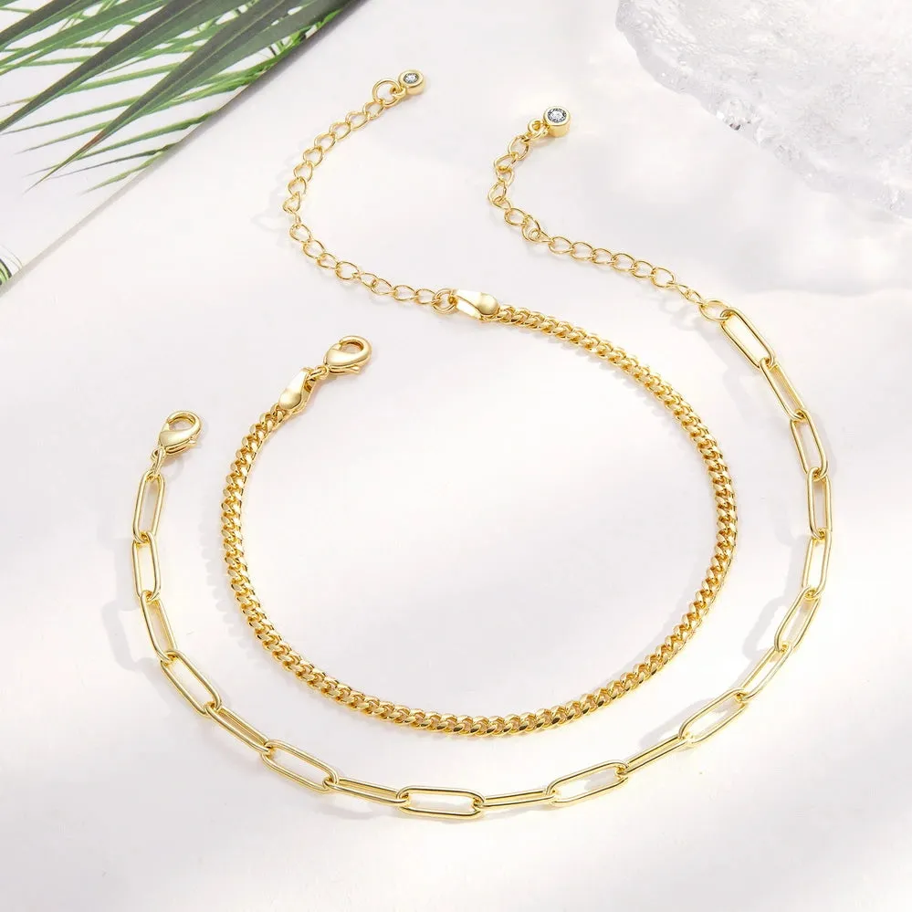 Dainty 14k Gold Plated Layering Anklets Bracelets Set-Paperclip & 3mm Cuban