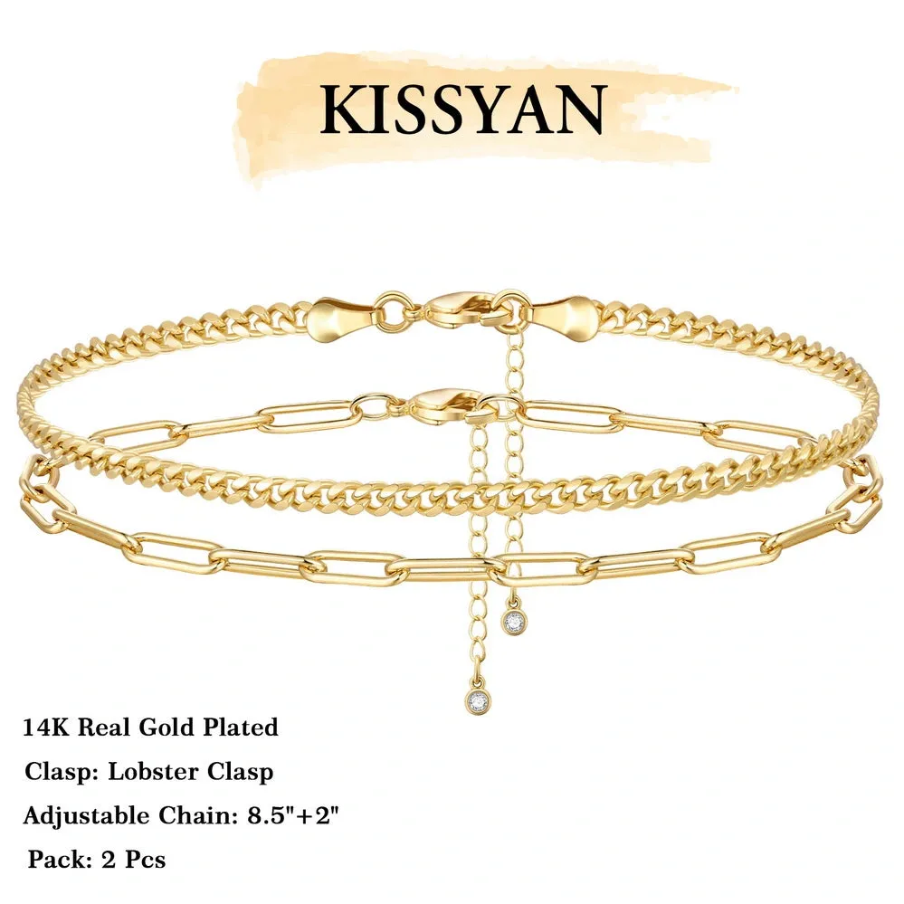 Dainty 14k Gold Plated Layering Anklets Bracelets Set-Paperclip & 3mm Cuban