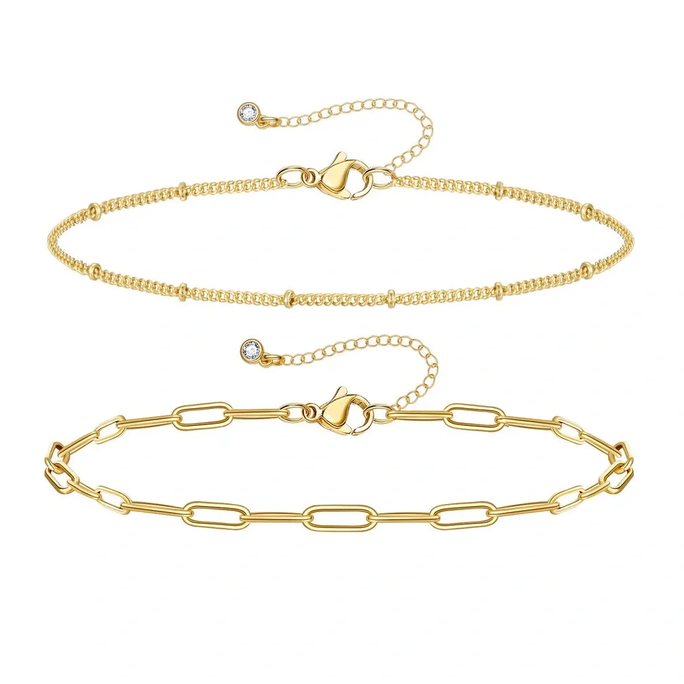 Dainty 14k Gold Plated Layering Anklets Bracelets Set- Paperclip & Satellite