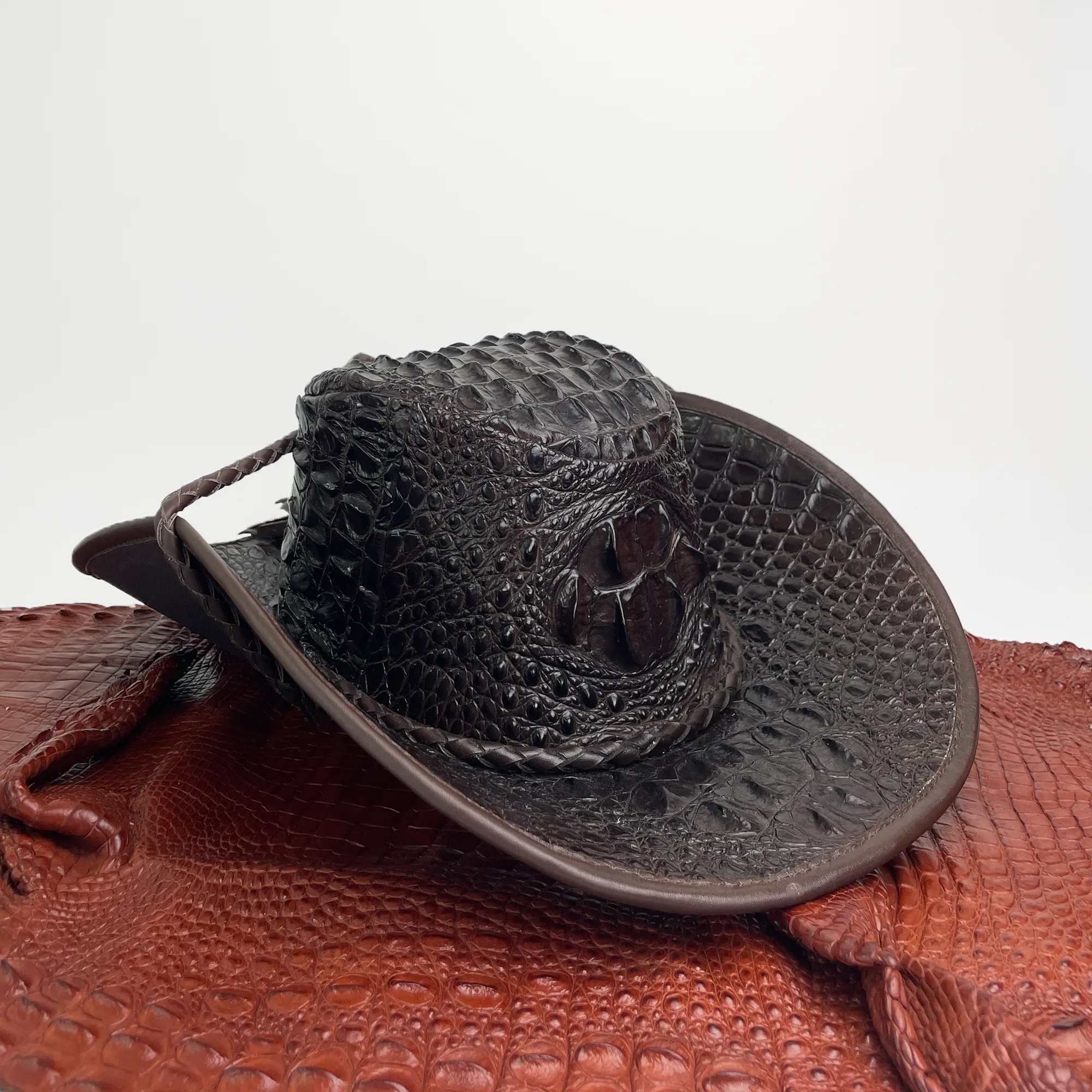 Dark Brown Alligator Cowboy Hat With Chin Cord | Adjustable Crocodile Skin Brim Hat Western