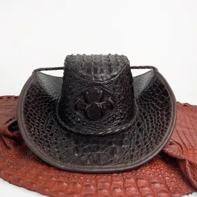 Dark Brown Alligator Cowboy Hat With Chin Cord | Adjustable Crocodile Skin Brim Hat Western