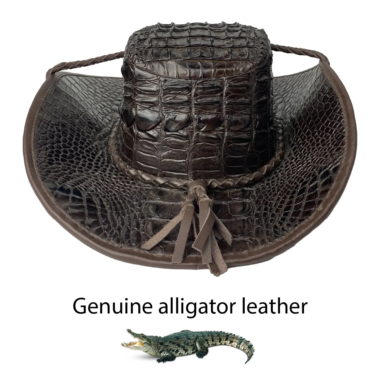 Dark Brown Alligator Cowboy Hat With Chin Cord | Adjustable Crocodile Skin Brim Hat Western