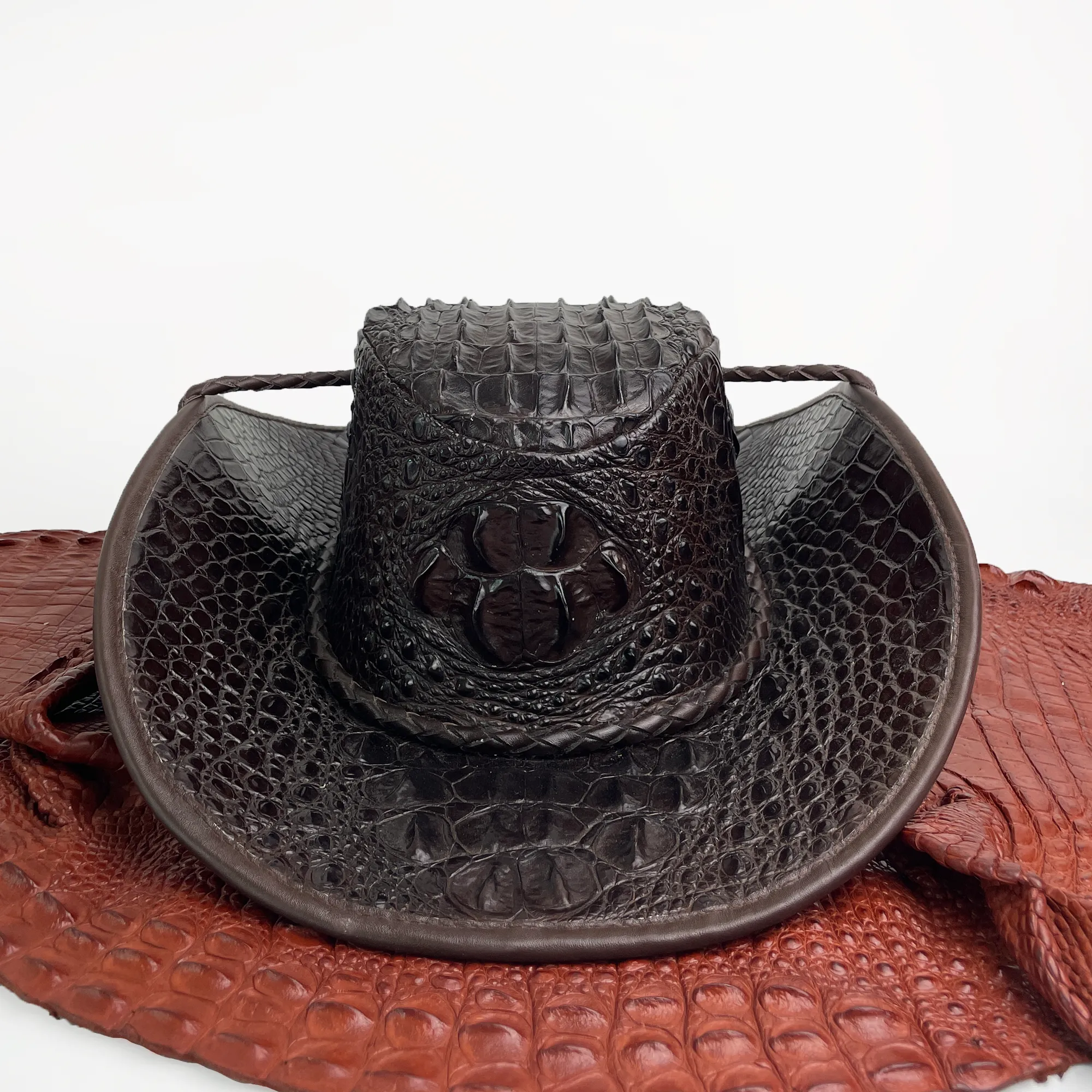 Dark Brown Alligator Cowboy Hat With Chin Cord | Adjustable Crocodile Skin Brim Hat Western