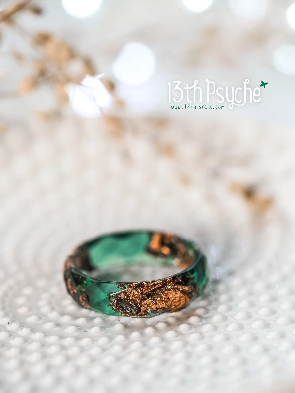 Dark green and rose gold flakes faceted resin ring