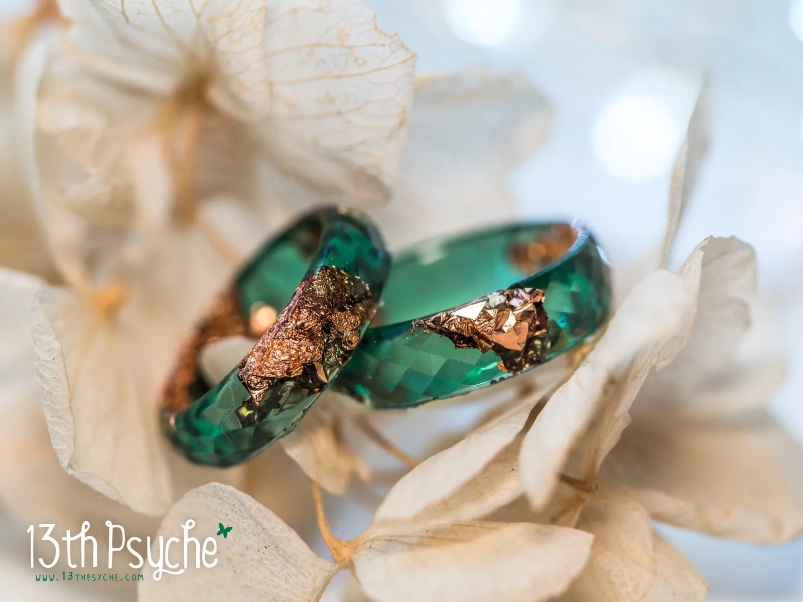 Dark green and rose gold flakes faceted resin ring