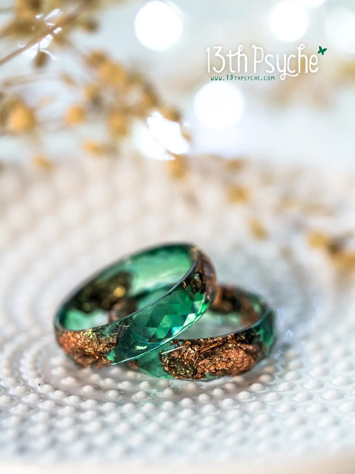 Dark green and rose gold flakes faceted resin ring