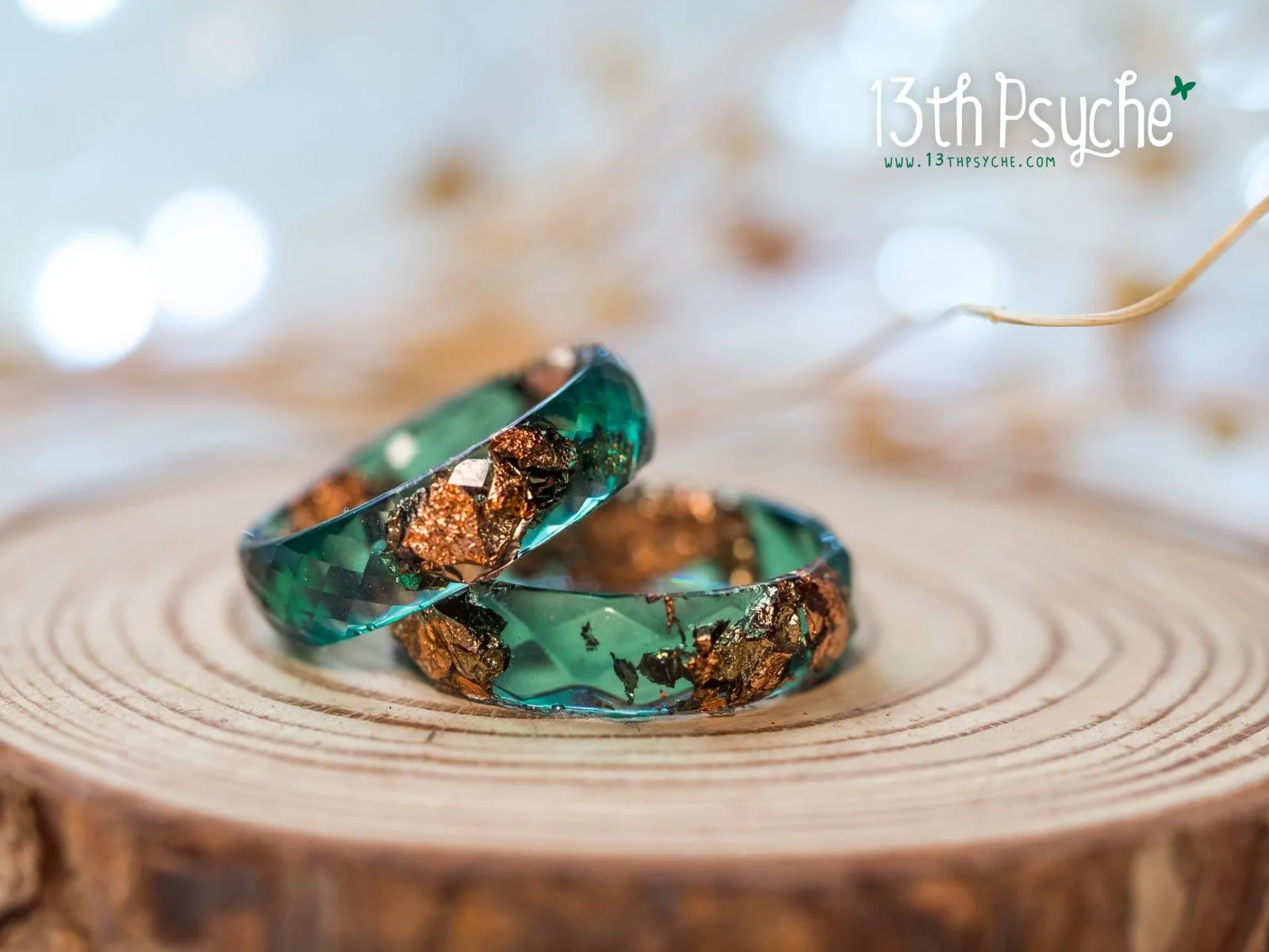 Dark green and rose gold flakes faceted resin ring