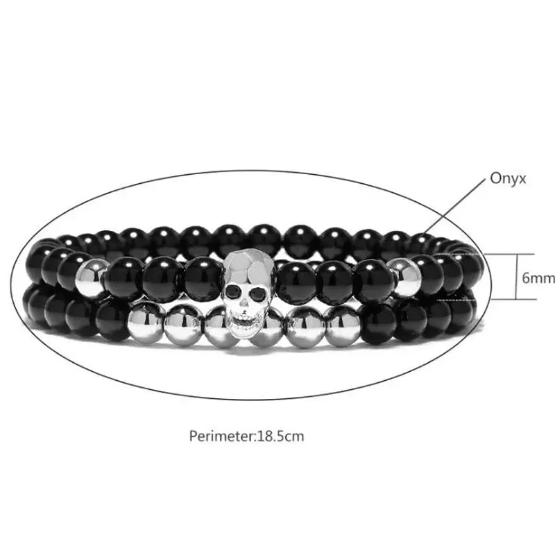 DIEZI One Sets 6mm Black Energy Yoga Skull Charm Bracelet For Men Women Natural Stones Buddhist Strand Beads Bracelets Jewelry