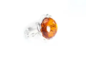 Elegant Rope Frame Statement Ring - Sterling Silver & Cognac Amber Jewelry | Adjustable & Intricately Crafted