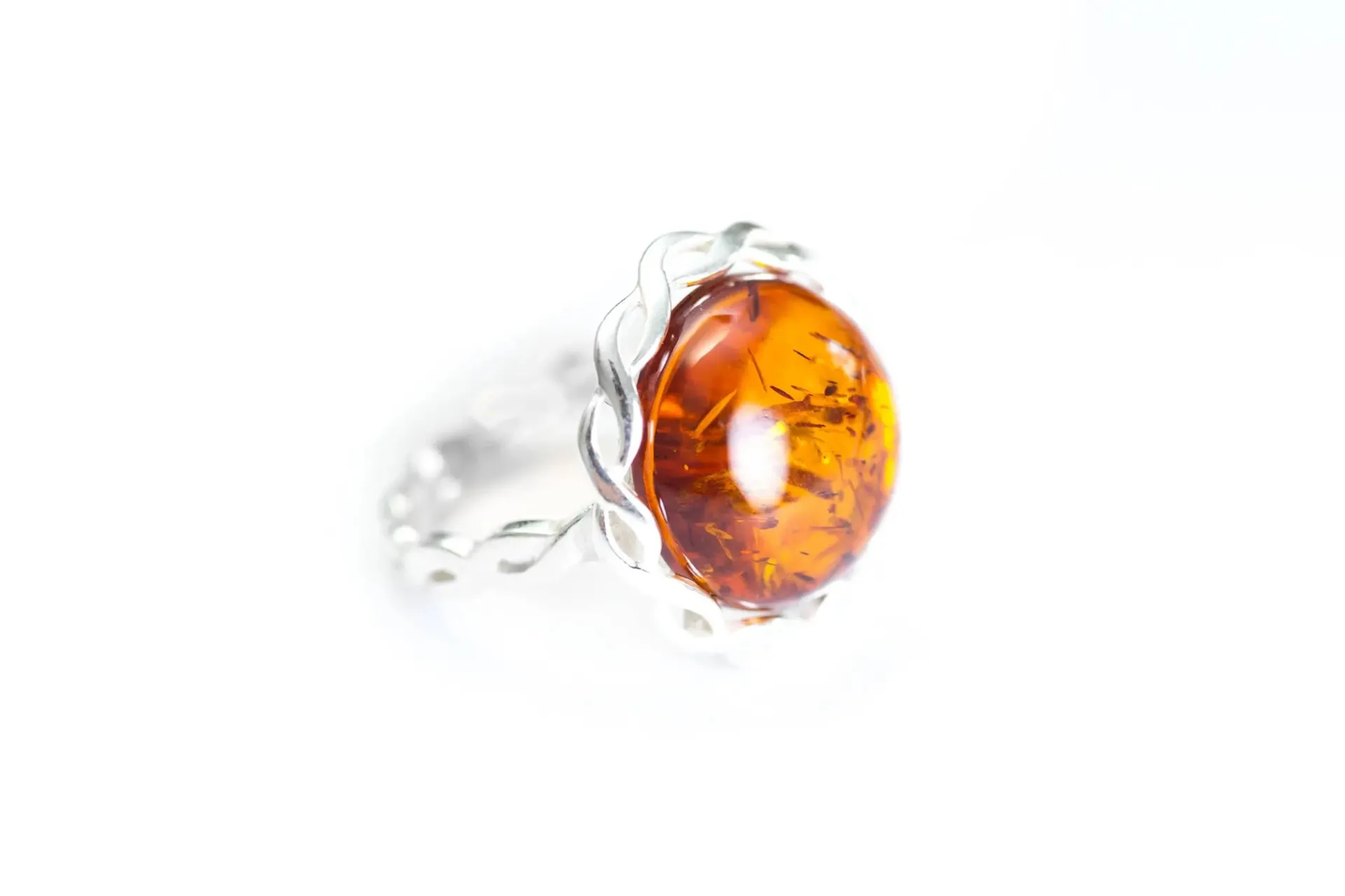 Elegant Rope Frame Statement Ring - Sterling Silver & Cognac Amber Jewelry | Adjustable & Intricately Crafted