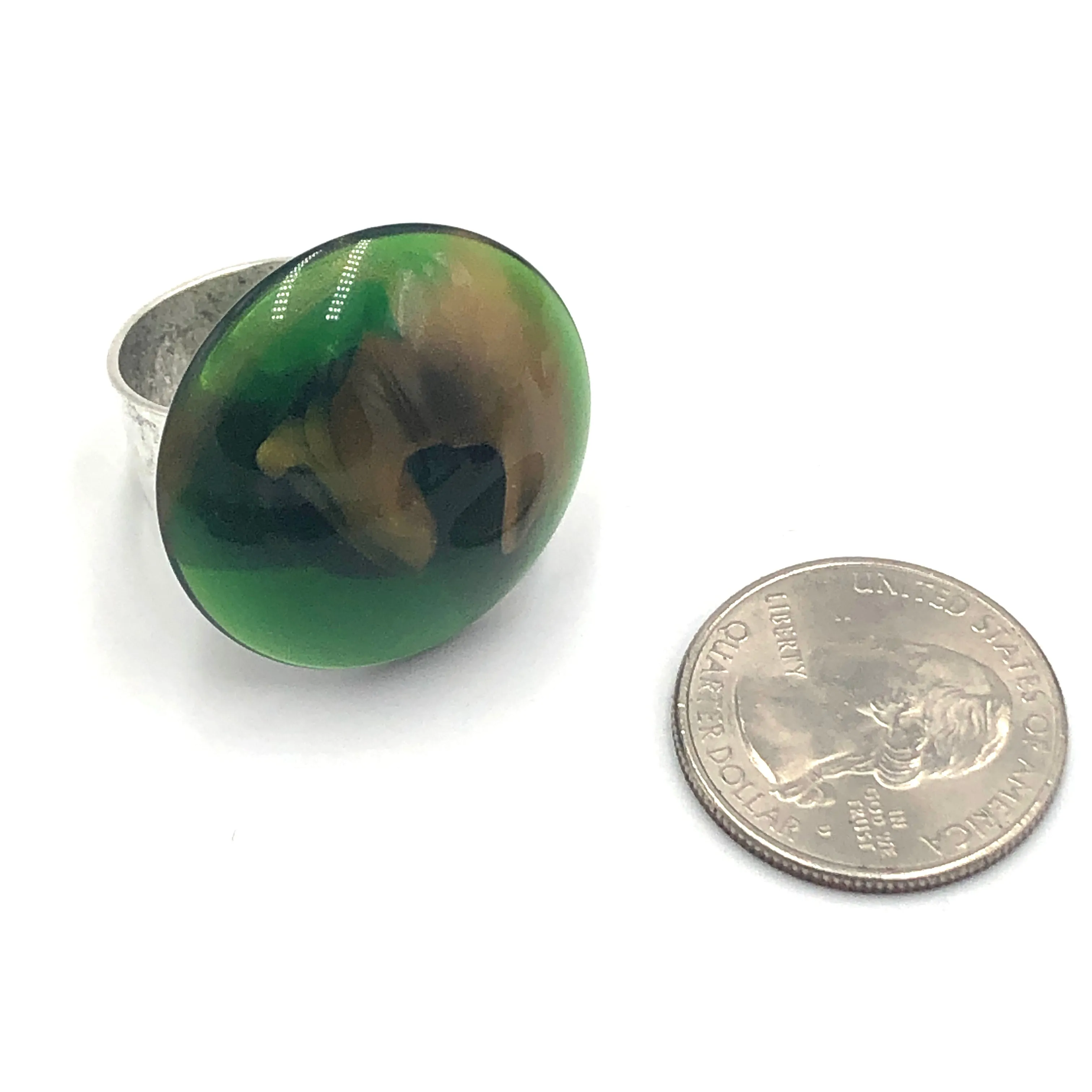 Emerald & Gold Marbled Lucite Silver Cocktail Ring