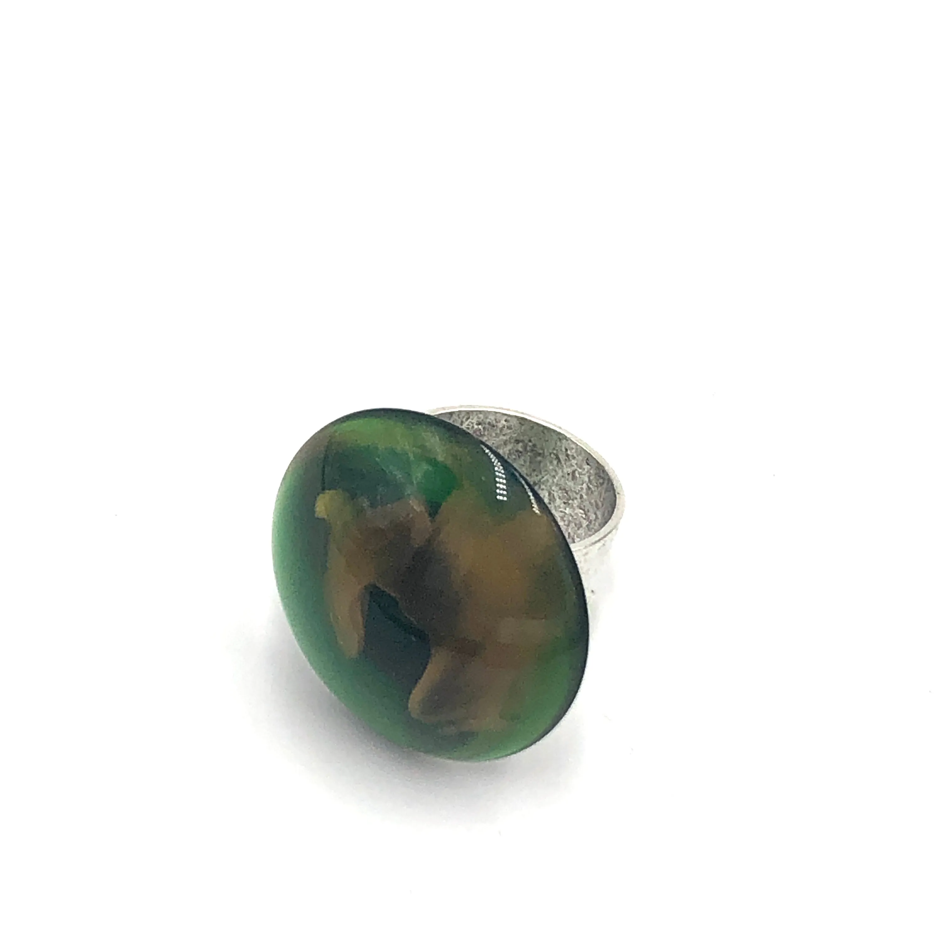 Emerald & Gold Marbled Lucite Silver Cocktail Ring