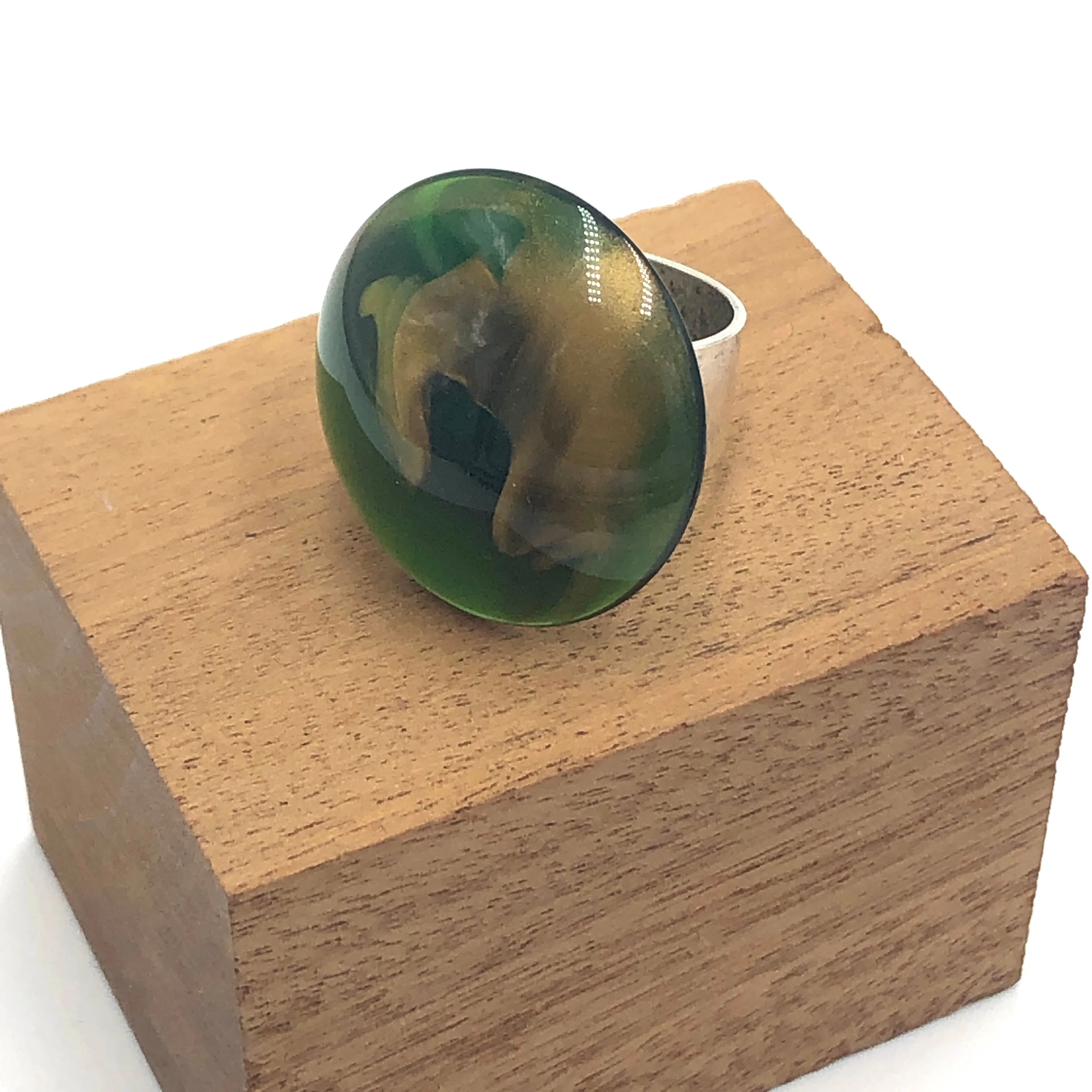 Emerald & Gold Marbled Lucite Silver Cocktail Ring