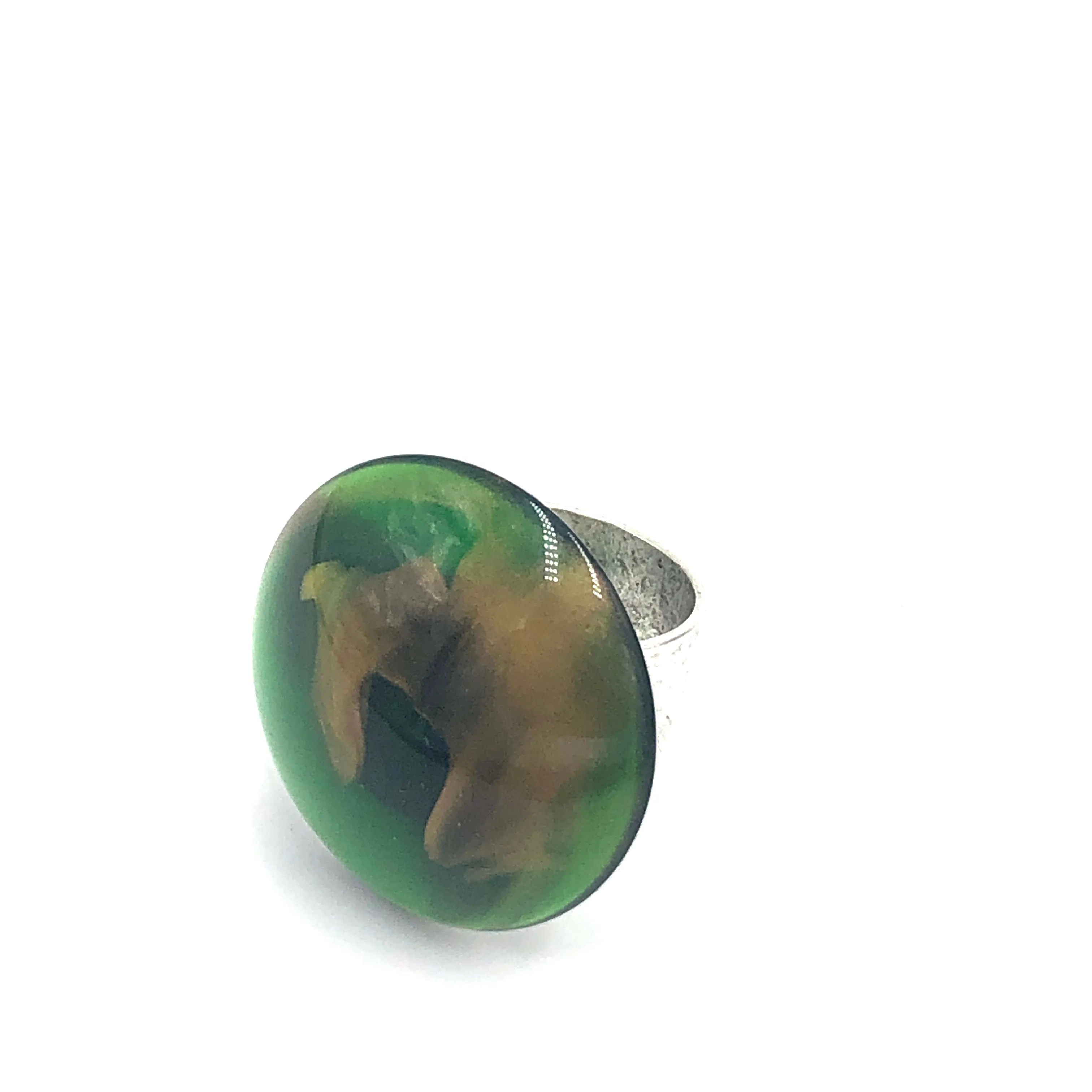 Emerald & Gold Marbled Lucite Silver Cocktail Ring