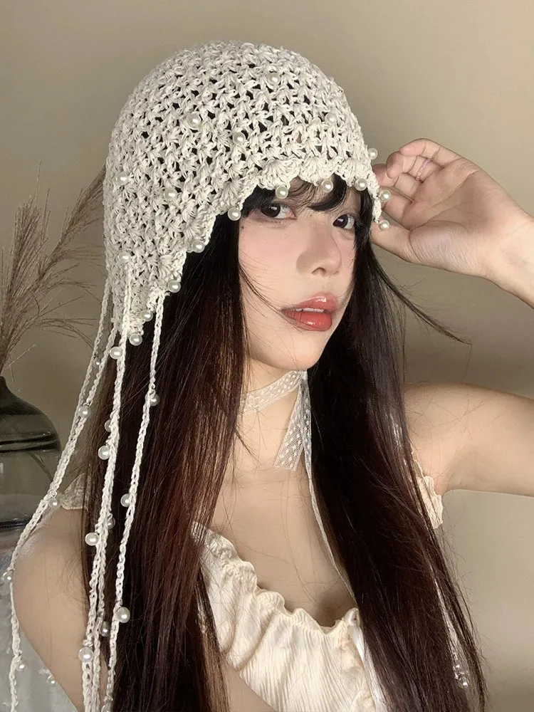 Ethnic Style Hollow Pearl Tassel Baotou Hat