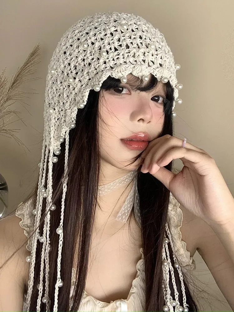 Ethnic Style Hollow Pearl Tassel Baotou Hat