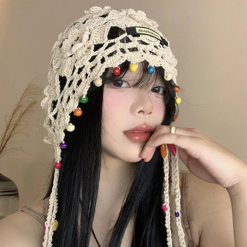 Ethnic Style Hollow Pearl Tassel Baotou Hat