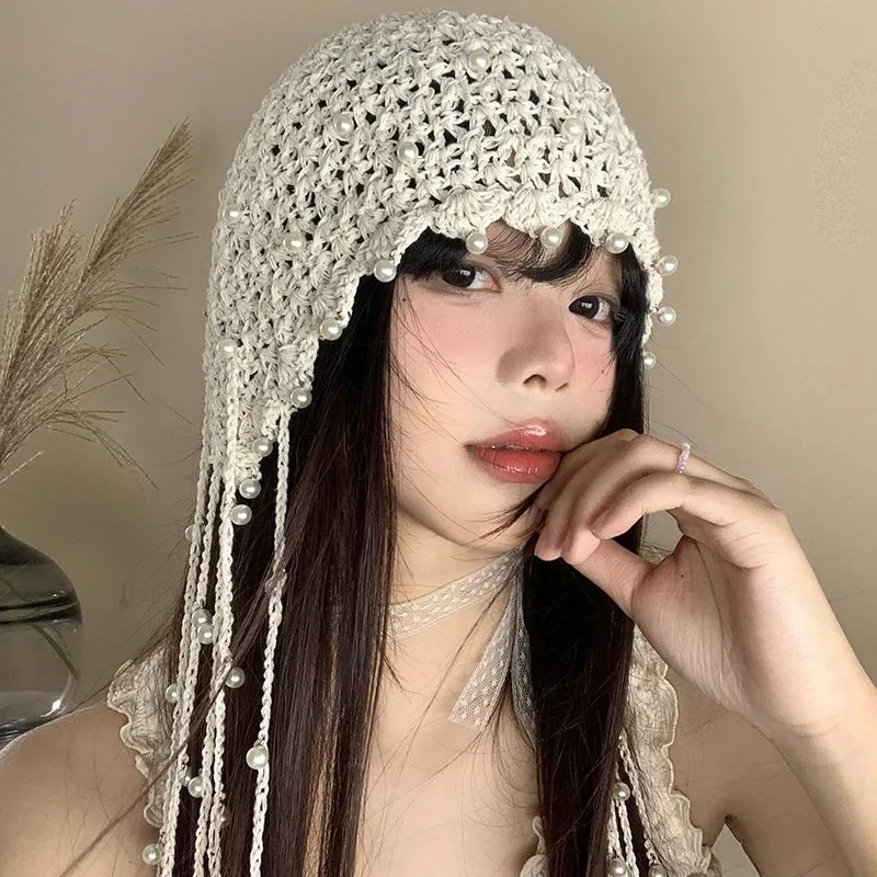 Ethnic Style Hollow Pearl Tassel Baotou Hat