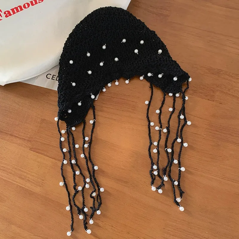 Ethnic Style Hollow Pearl Tassel Baotou Hat