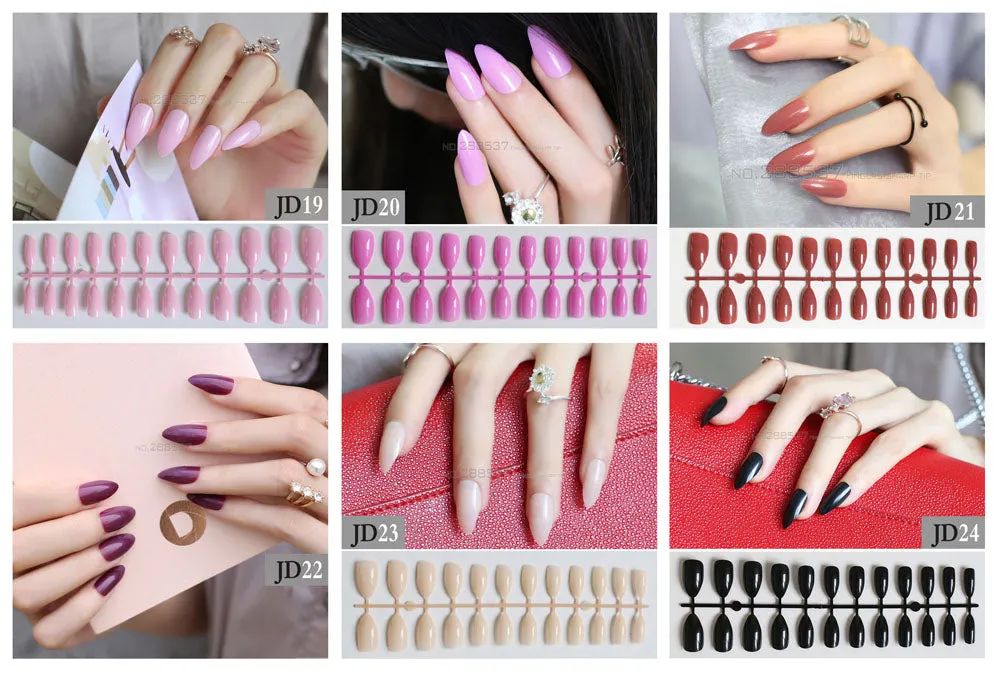 Fake Short Rose Pointed Soft Pink Nude Red Brown Blue Stiletto False Nails full cover