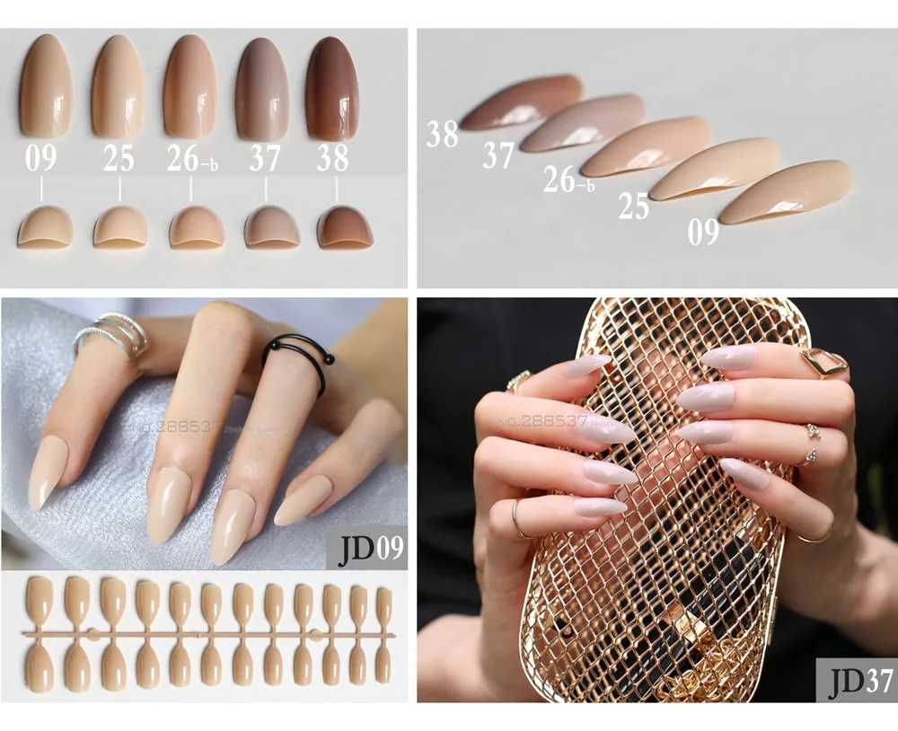 Fake Short Rose Pointed Soft Pink Nude Red Brown Blue Stiletto False Nails full cover