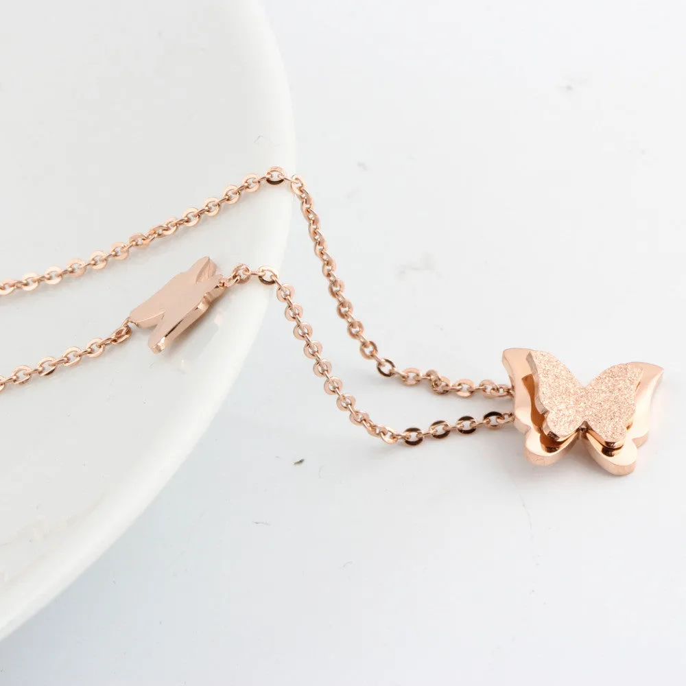 Fashion vintage rose gold plated stainless steel butterfly necklace dull polish Statement necklace for women