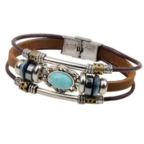 Fashion Vintage Turquoise Bracelet Women Personality Stainless Steel Leather Bracelet Hand-woven Men's Leather Jewelry Trinkets