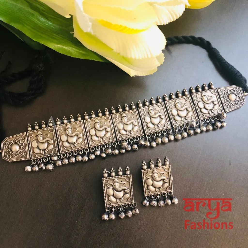 Ganesha Silver Oxidized Tribal Choker Necklace with Stud earrings