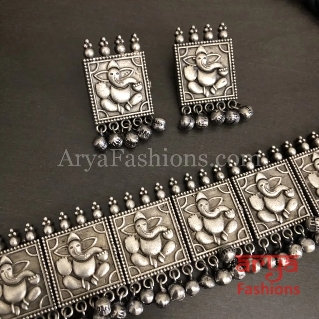 Ganesha Silver Oxidized Tribal Choker Necklace with Stud earrings