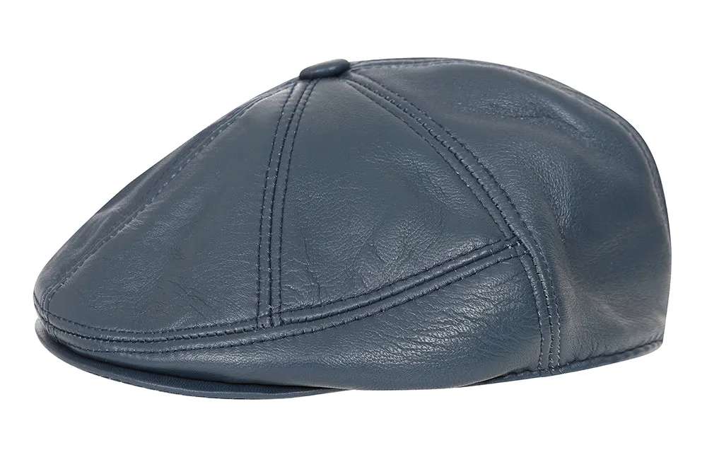 Genuine Navy Blue Leather London Flat Cap