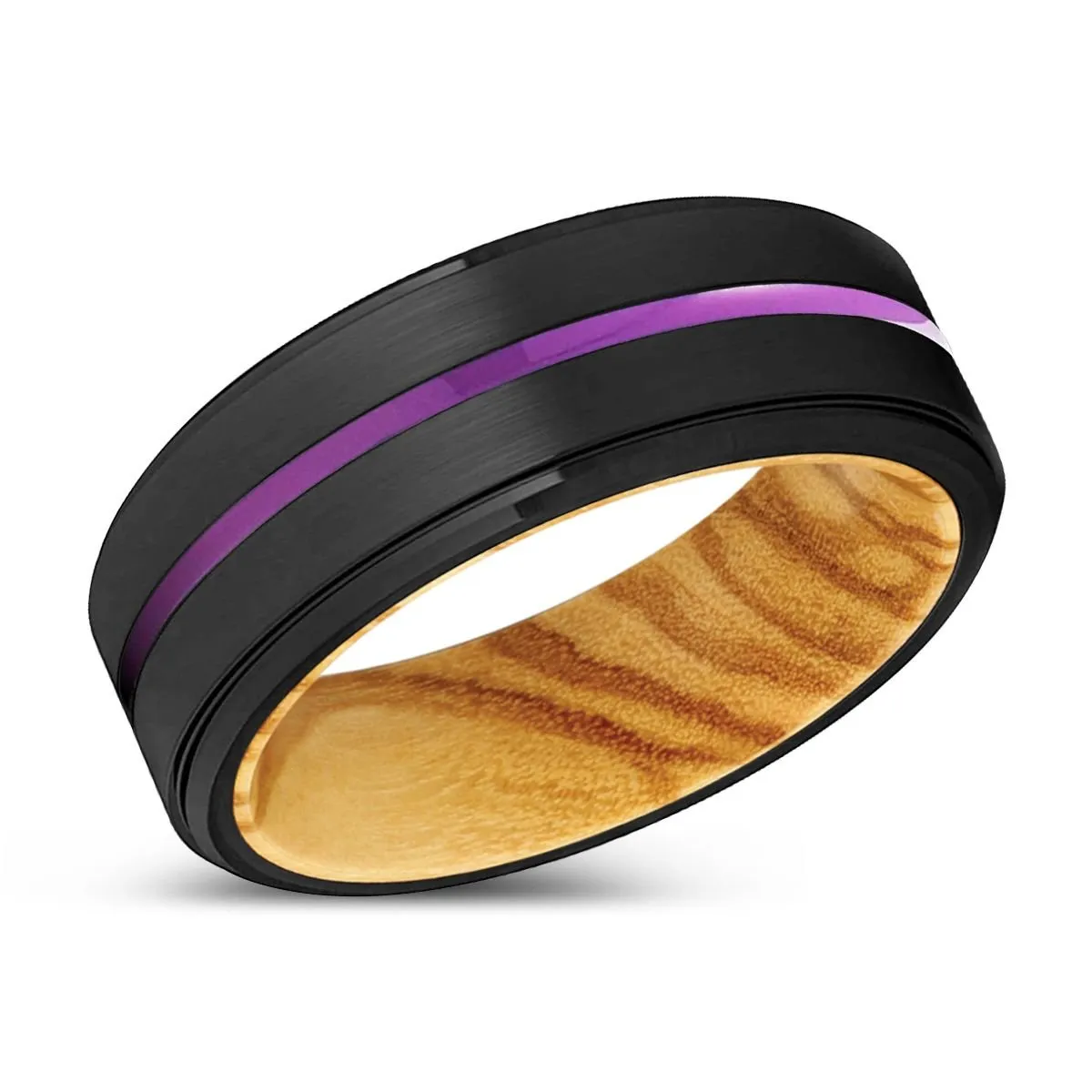 GERALDTON | Olive Wood, Black Tungsten Ring, Purple Groove, Stepped Edge