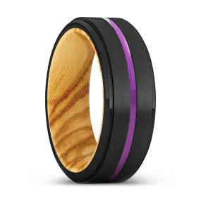 GERALDTON | Olive Wood, Black Tungsten Ring, Purple Groove, Stepped Edge