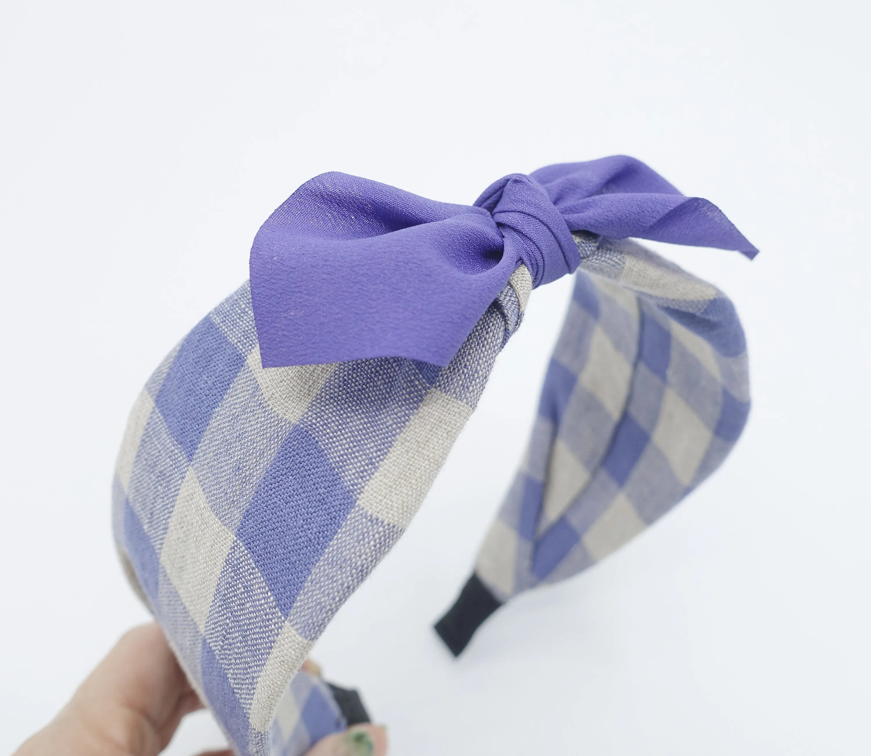 gingham linen bow knot headband Spring Summer hair accessory for women