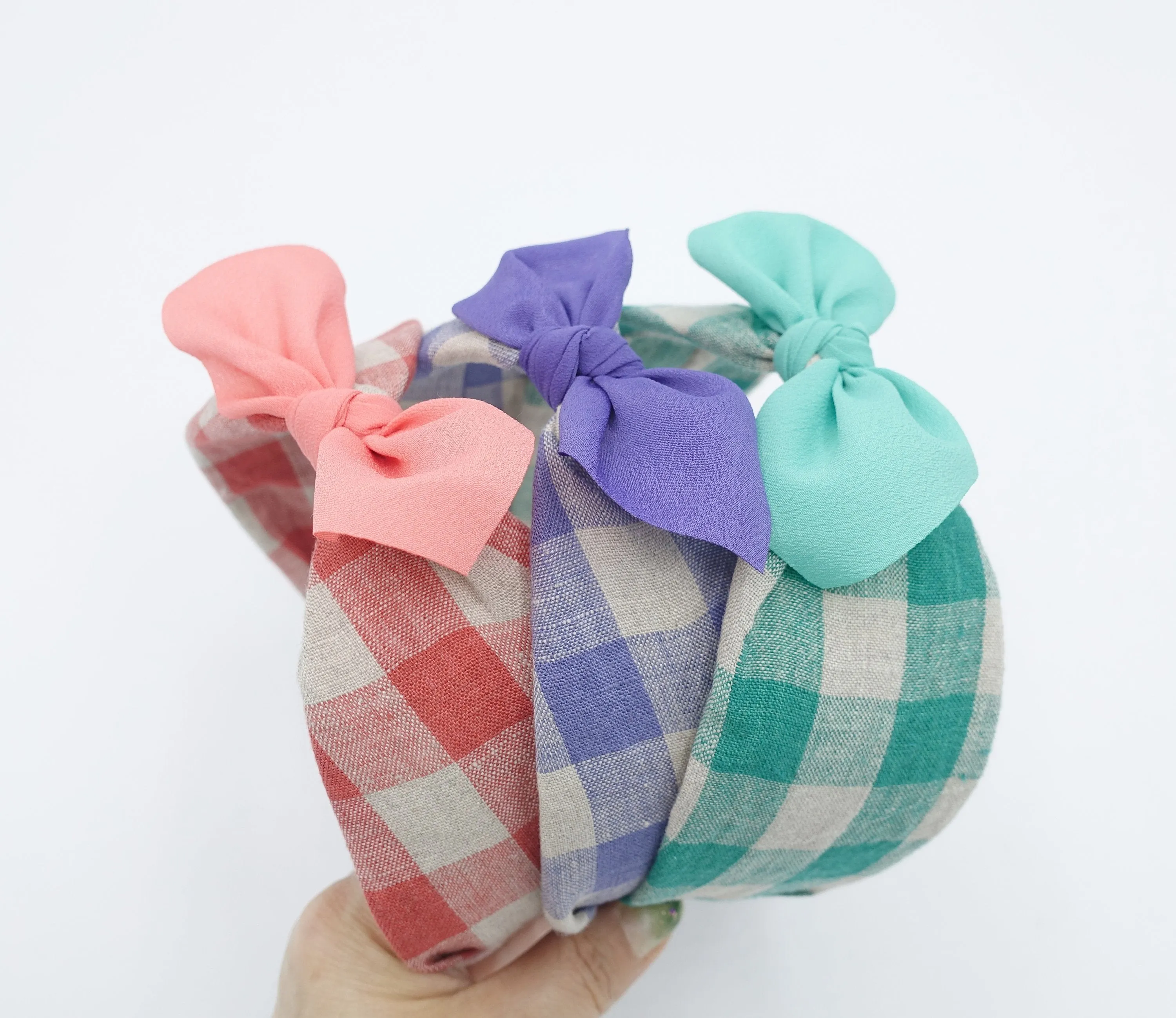 gingham linen bow knot headband Spring Summer hair accessory for women