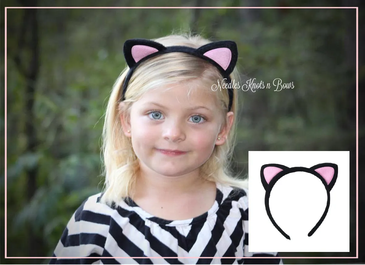 Girls Black Cat Ear Plush Headband, Black & Pink Hairband