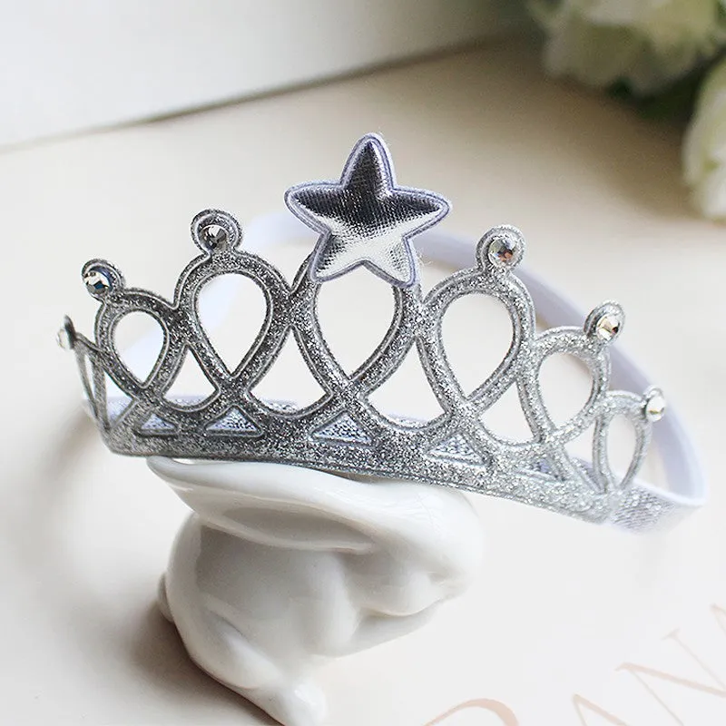 Girls Silver Birthday Soft Elastic Crown Tiara Headband