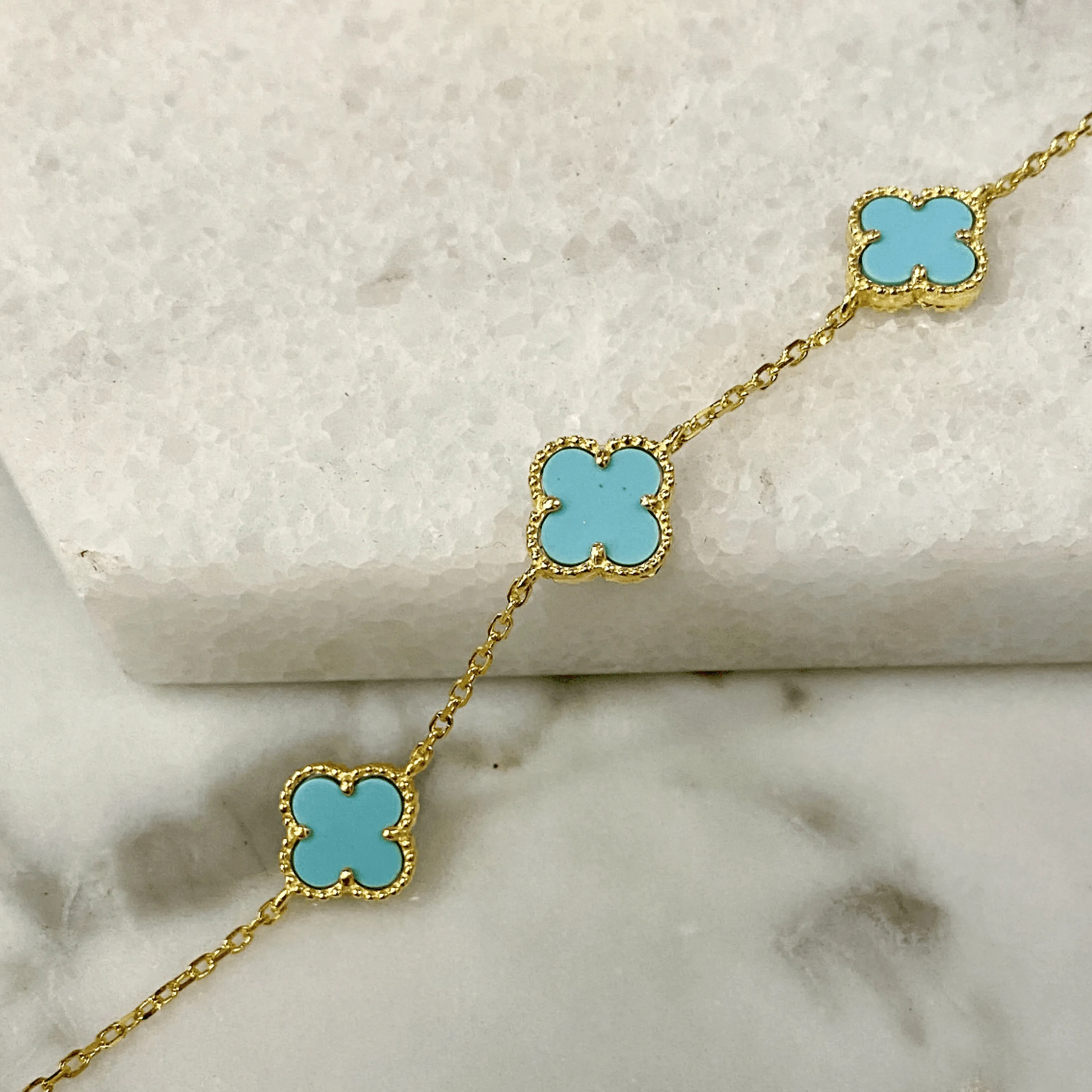 Gold Bracelet with Multi Turquoise Clover Shape