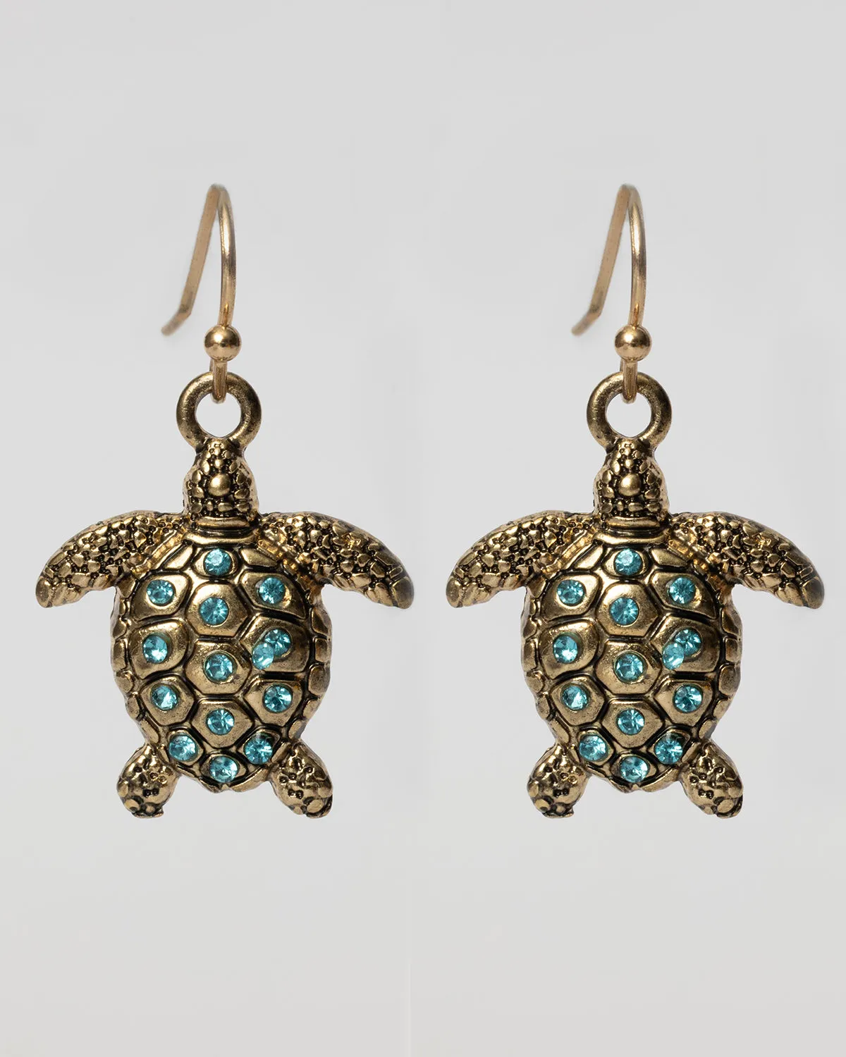 Gold Textured Turtle Dangle Earrings with Ocean Blue Crystals Coastal Cowgirl