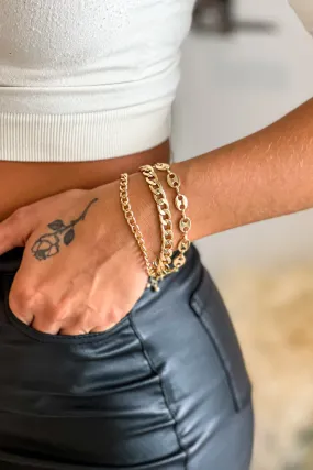 Gold Three Chunky Chain Bracelet Set