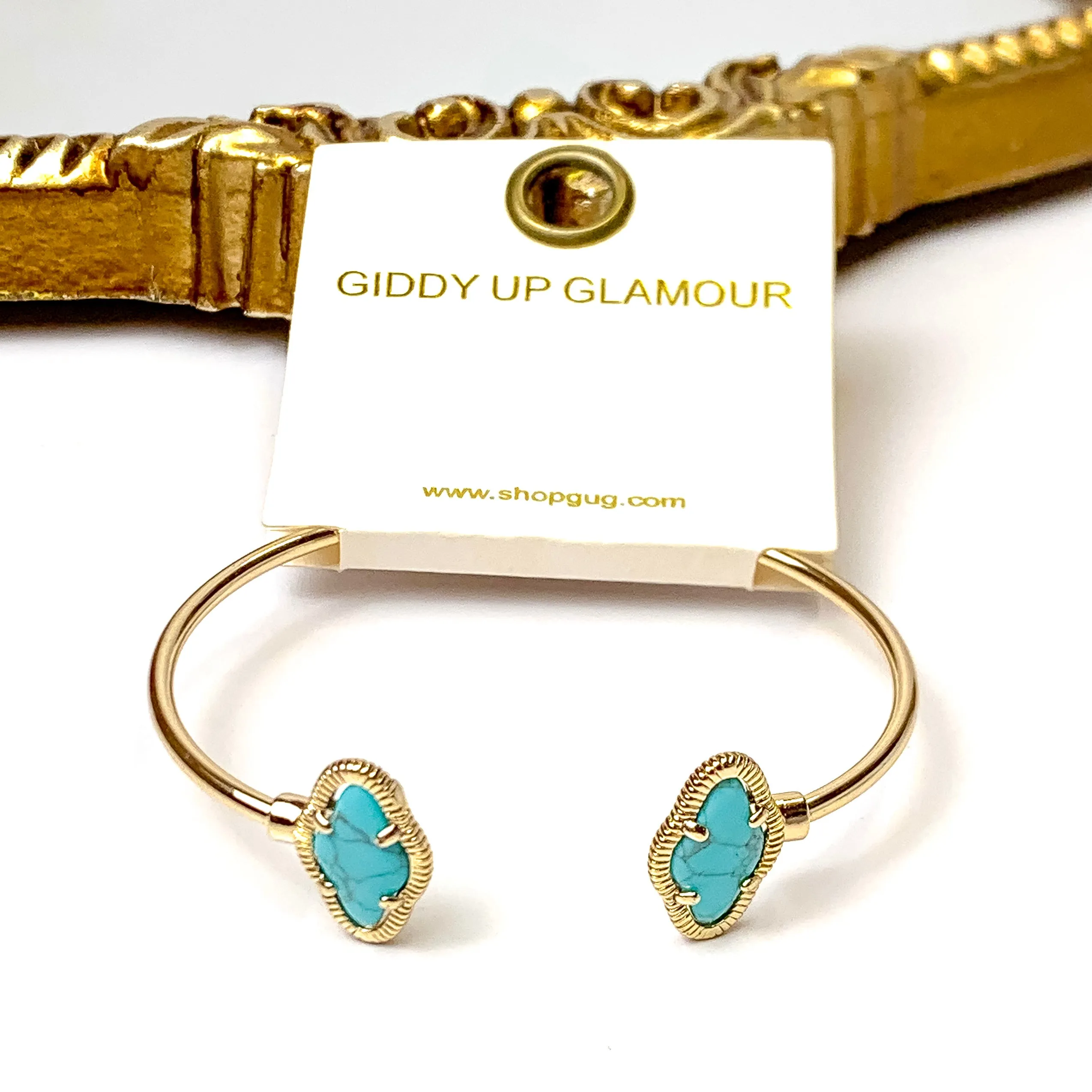 Gold Tone Quatrefoil Cuff Bracelet in Turquoise