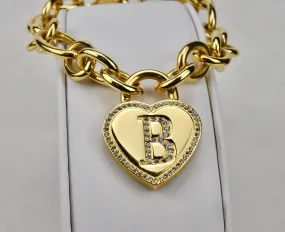 Gold Tone Stainless Steel Chain Bracelet with "B" Heart Rhinestone Charm