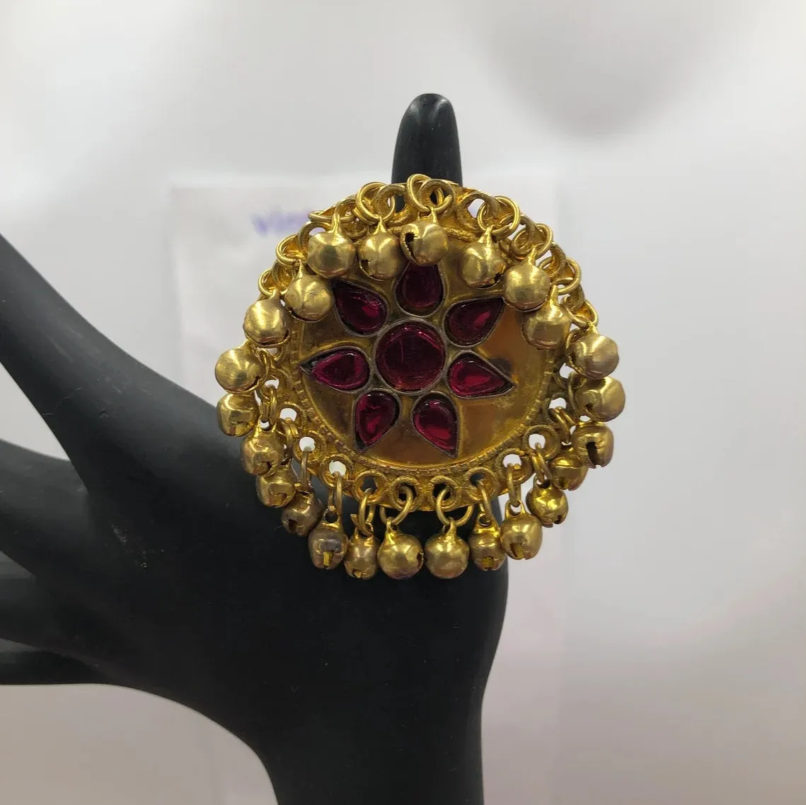 Golden Kuchi Ring with Glass Stones And Bells