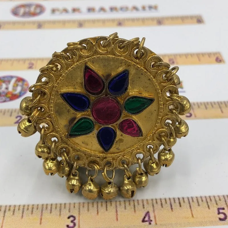 Golden Kuchi Ring with Glass Stones And Bells