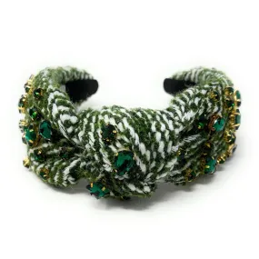 Green Tweed Jeweled Knot Headband