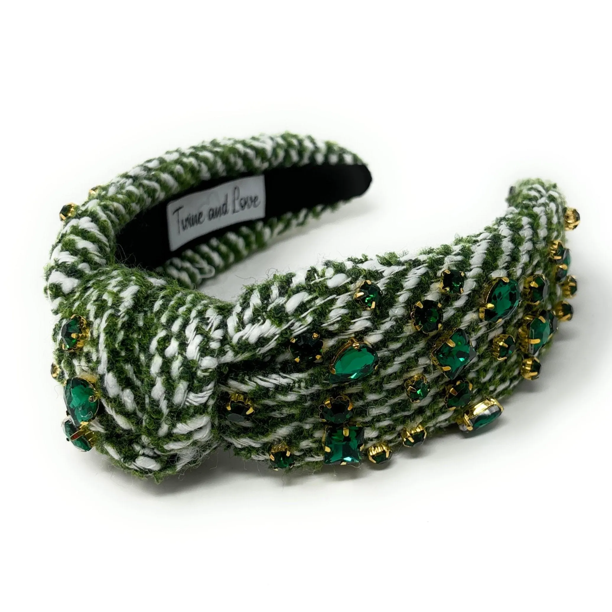 Green Tweed Jeweled Knot Headband