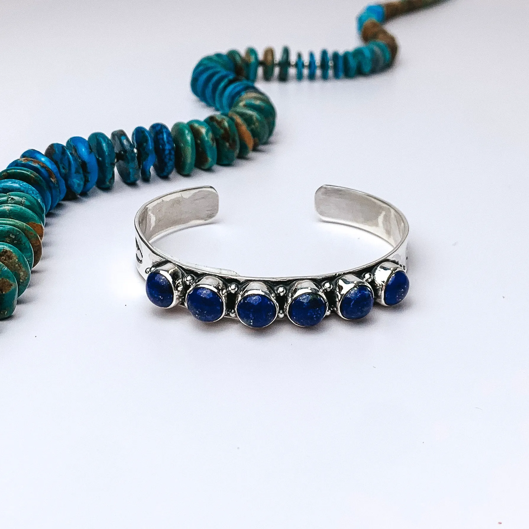 HaDa Collection | Detailed Sterling Silver Cuff with Six Dark Lapis Turquoise Stones