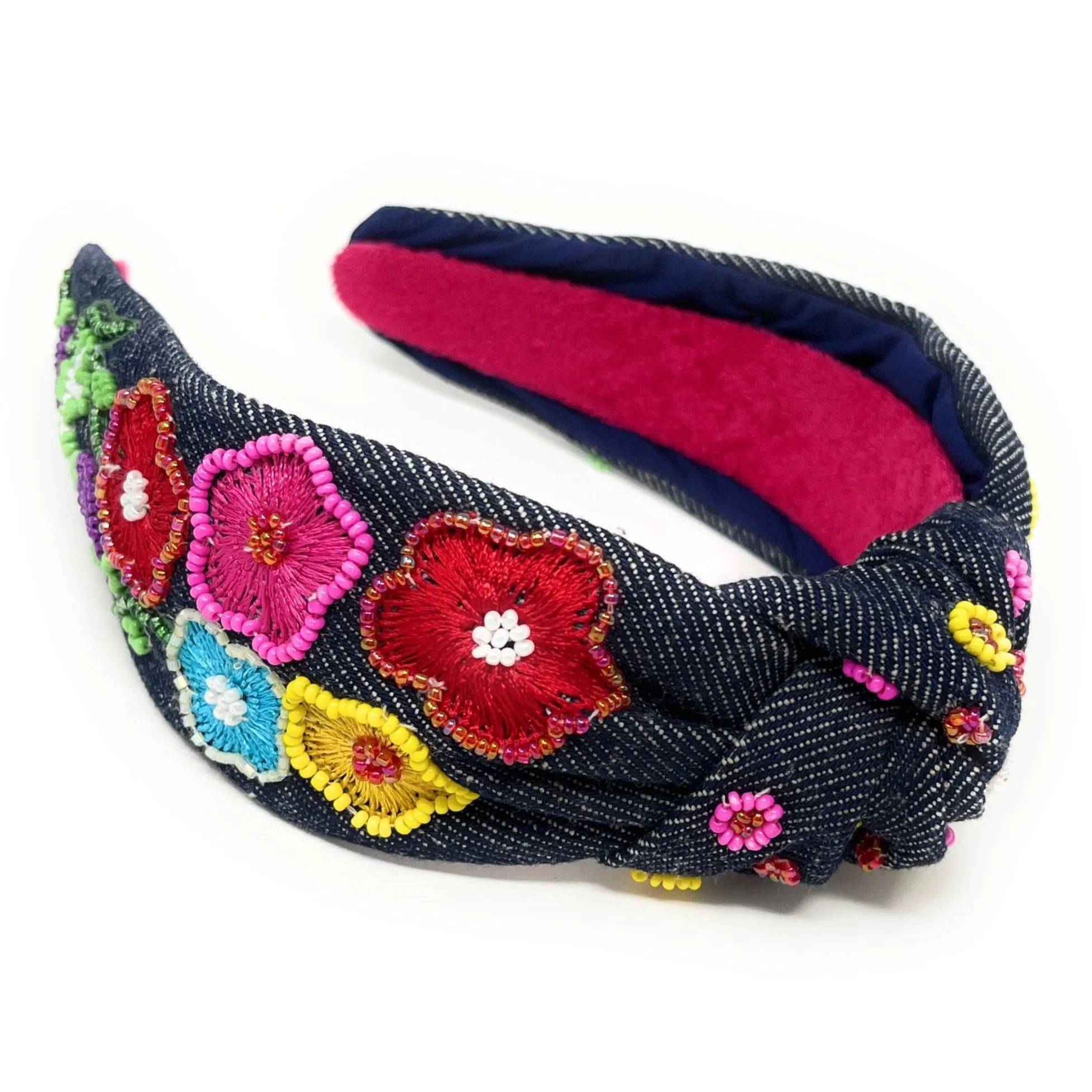 Hand Bead Dark Blue Denim Floral Knot Headband