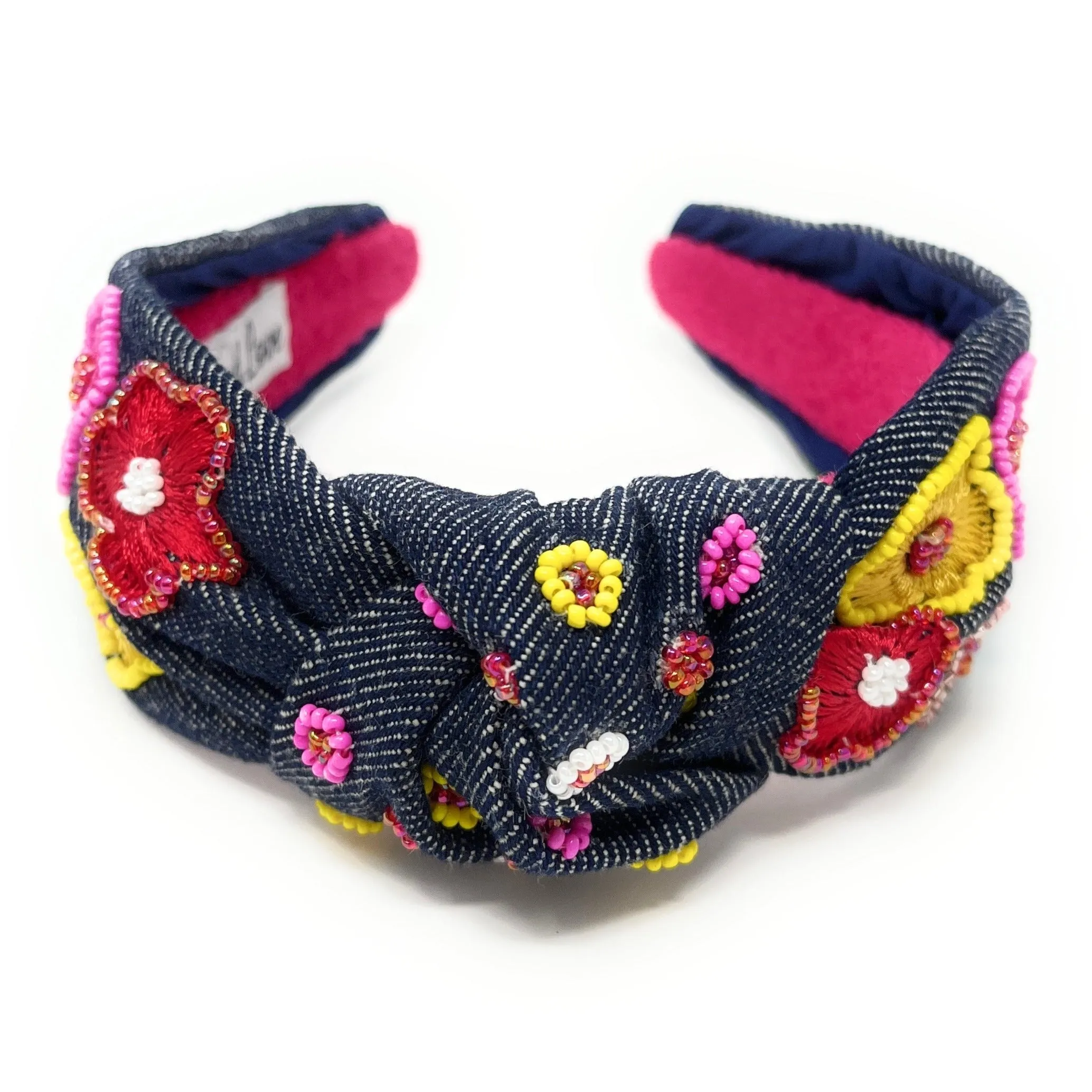 Hand Bead Dark Blue Denim Floral Knot Headband