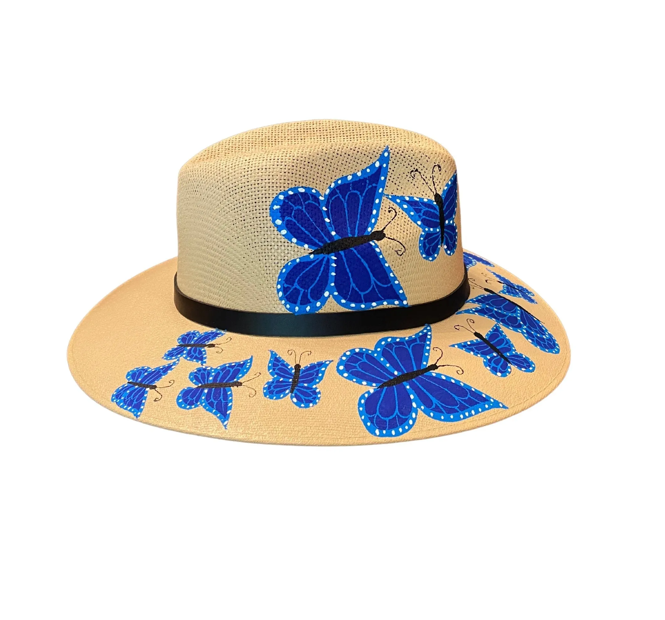 Hand-painted Hat from Mexico - Butterflies - Straw, Blue, Black